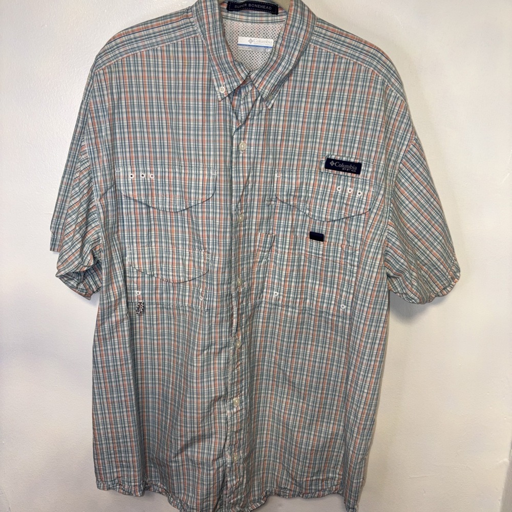 Columbia PFG Super Bonehead Shirt Mens SP Blue Plaid Short Sleeve Fishing